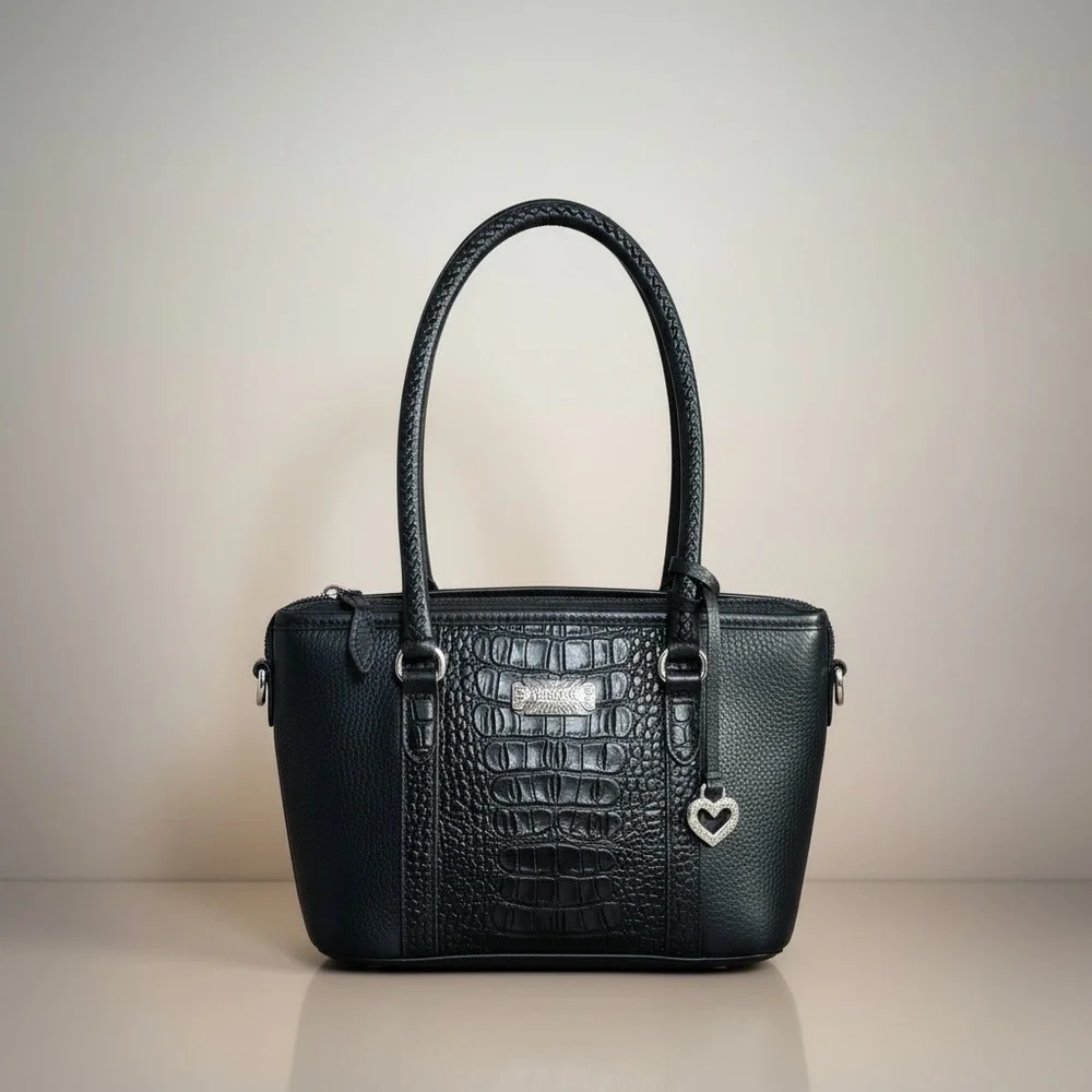 ✨Brighton Black Croc Embossed Leather Tote Heart Charm Plaid Lined Shoulder Bag✨